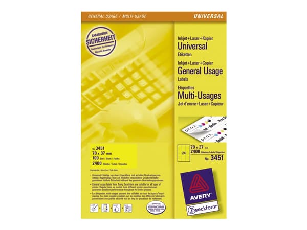 Avery - Gul - 70 x 37 mm 2400 etikett(er) (100 ark x 24) etiketter for arkivmapper