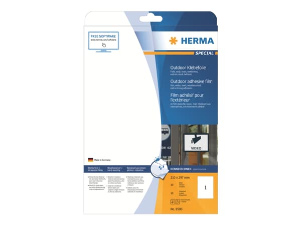 HERMA 9500, Valkoinen, Itse kiinnittyvä tulostintarra, A4, Polyolefiini, Laser, Kiinteä