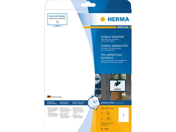 HERMA 9500, Valkoinen, Itse kiinnittyvä tulostintarra, A4, Polyolefiini, Laser, Kiinteä