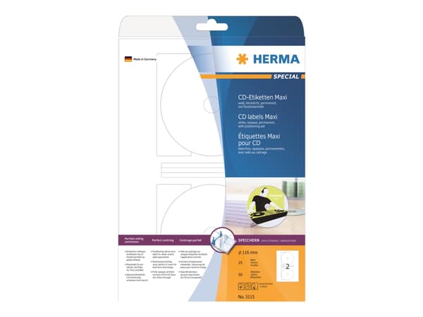 HERMA Special Maxi - Papir - matt - permanent selvklebende - hvit - 116 mm rund 50 etikett(er) (25 ark x 2) ugjennomsiktige CD/DVD-etiketter