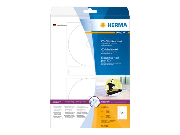 HERMA Special Maxi - Papir - matt - permanent selvklebende - hvit - 116 mm rund 50 etikett(er) (25 ark x 2) ugjennomsiktige CD/DVD-etiketter