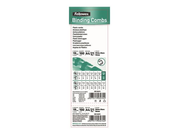Fellowes Plastic Comb - 19 mm - 30 cm - A4 (210 x 297 mm) - 150 ark - hvit - 100 stk plastbindekam - for Fellowes Galaxy 500, Orion 500, Pulsar+ 300,