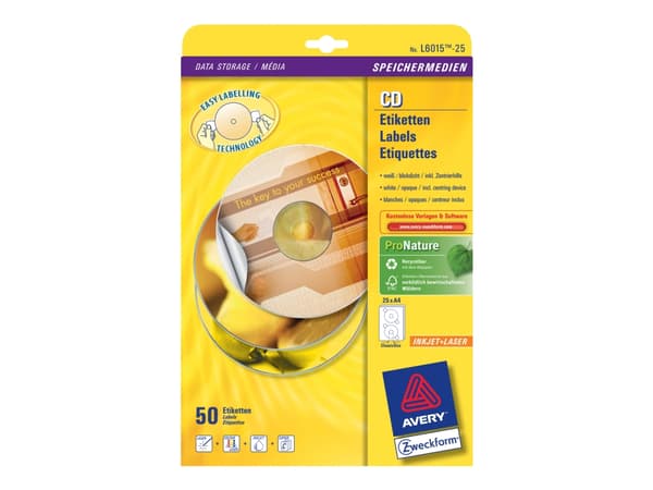 Avery CD/DVD Labels - Hvit - 117 mm rund 50 etikett(er) (25 ark x 2) CD/DVD etiketter