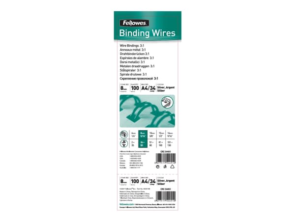 Spiralrygge Fellowes 3:1 wire 8mm sølv A4 (100 stk.)
