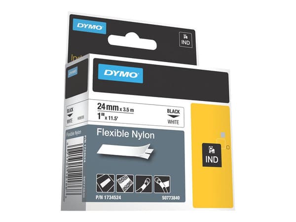 DYMO RhinoPRO Flexible Nylon - Nylon - svart på vitt - Roll (2.4 cm x 3.5 m) 1 kassett(er) flexibel tape - för Rhino 4200, 6000; RhinoPRO 6000, 6500