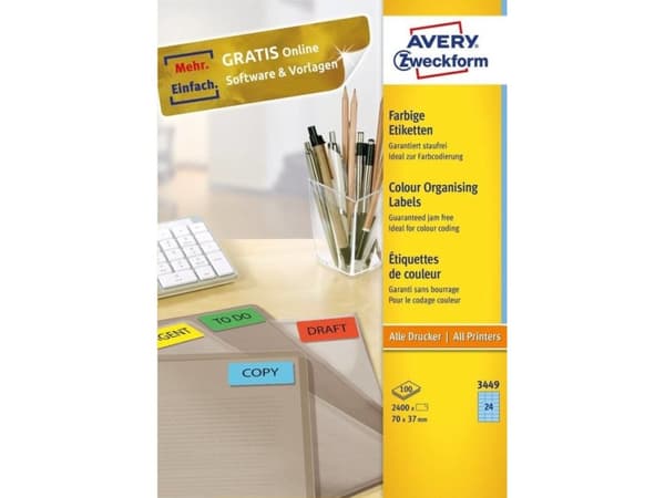Avery - Blå - 70 x 37 mm 2400 etikett (er) (100 ark x 24) etiketter för filmappar
