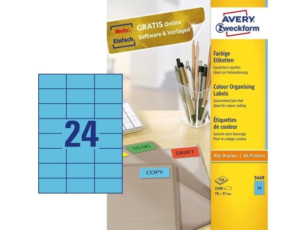 Avery - Blå - 70 x 37 mm 2400 etikett (er) (100 ark x 24) etiketter för filmappar