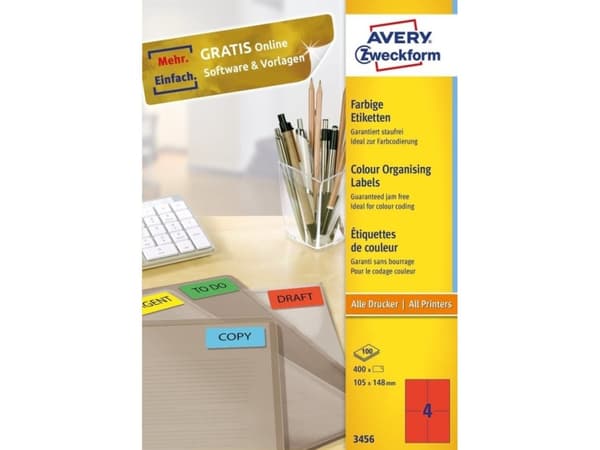 Avery - Rød - A6 (105 x 148 mm) 400 etikett(er) (100 ark x 4) filmappeetiketter