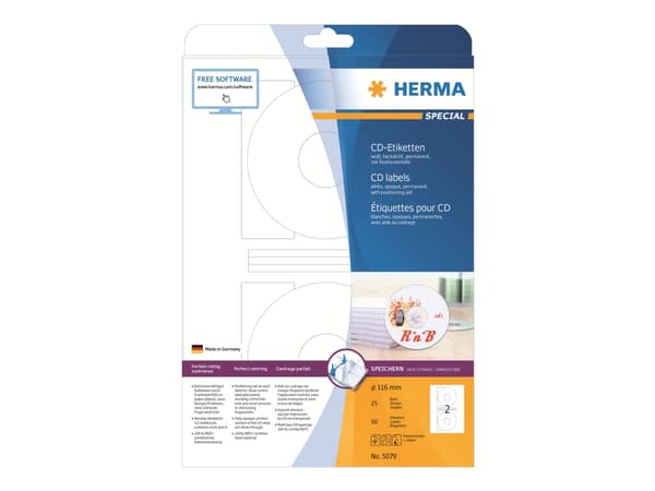 HERMA Spesial - Papir - matt - permanent selvklebende - hvit - 116 mm rund 50 etikett(er) (25 ark x 2) ugjennomsiktige CD/DVD-etiketter
