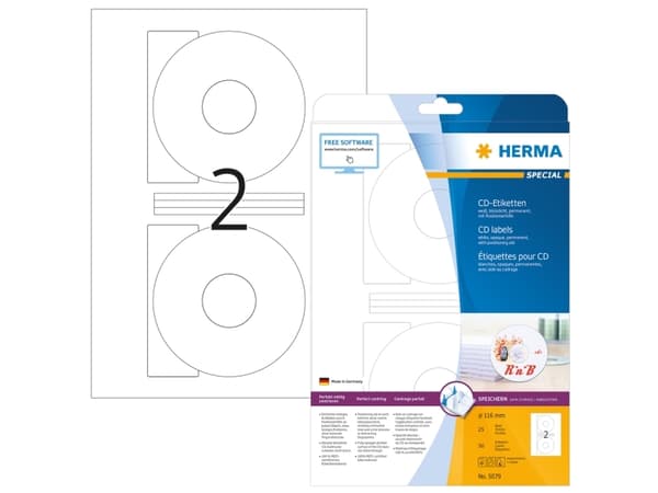 HERMA Spesial - Papir - matt - permanent selvklebende - hvit - 116 mm rund 50 etikett(er) (25 ark x 2) ugjennomsiktige CD/DVD-etiketter