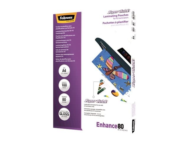 Fellowes Laminating Pouches SuperQuick Enhance 80 micron - 80 mikrometer - 100-pack - glättat - transparent - A4 (210 x 297 mm) lamineringsfickor