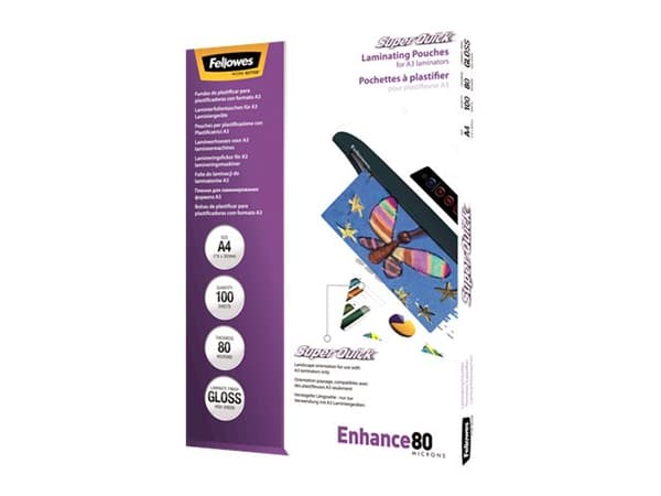 Fellowes Laminating Pouches SuperQuick Enhance 80 micron - 80 mikrometer - 100-pack - glättat - transparent - A4 (210 x 297 mm) lamineringsfickor