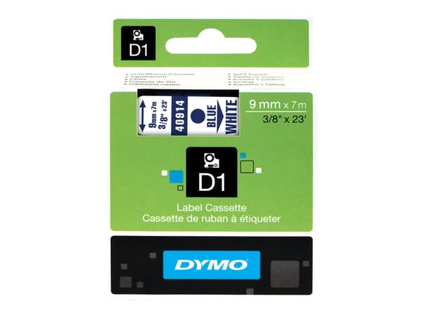 DYMO D1 - Selv-adhesiv - blått på hvitt - Rull (0,9 cm x 7 m) 1 kassett(er) merketape - for LabelMANAGER 100, 160, 210, 220, 260, 280, 300, 360, 420,