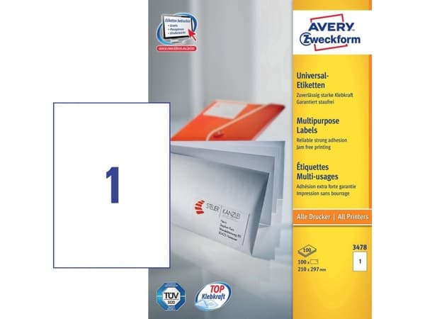 Avery - Hvit - A4 (210 x 297 mm) 100 stk (100 ark x 1) merkelapper