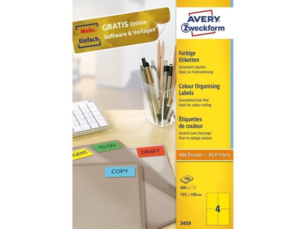 Avery - Gul - A6 (105 x 148 mm) 400 etikett(er) (100 ark x 4) etiketter for arkivmapper