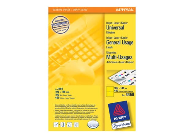 Avery Zweckform 3459, Keltainen, Suorakulmio, Kiinteä, 105 x 148 mm, DIN A4, Paperi