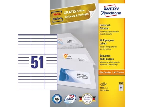 Avery - Permanent klæbemiddel - hvit - 70 x 16,9 mm 5100 stk. (100 ark x 51) etikett