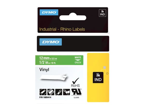 DYMO Rhino Coloured Vinyl - Vinyl - hvitt på grønt - Rull (1,2 cm x 5,5 m) 1 kassett(er) tape - for DYMO ILP219; Rhino 1000, 4200, 5000, 5200, 6000;