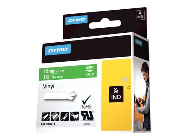 DYMO Rhino Coloured Vinyl - Vinyl - hvitt på grønt - Rull (1,2 cm x 5,5 m) 1 kassett(er) tape - for DYMO ILP219; Rhino 1000, 4200, 5000, 5200, 6000;