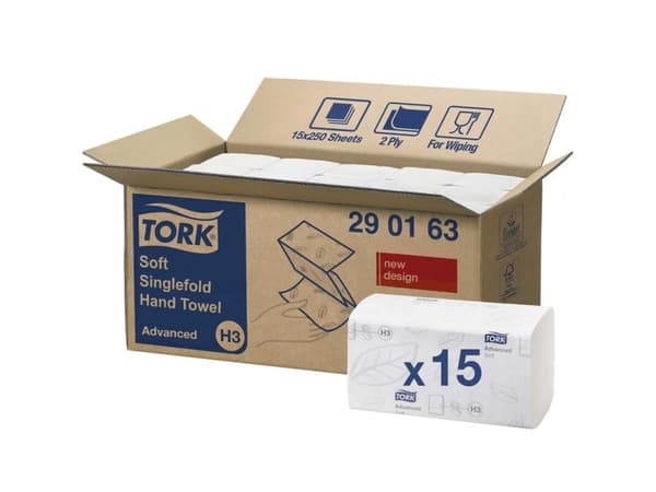 Håndklædeark Tork H3 Advanced Singlefold 2-lag hvid - (15 pakker x 250 stk.)