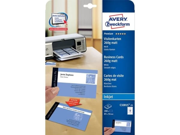 Visitkort Avery Quick&Clean™ C32015-25 til inkjetprinter 85x54 mm hvid 260g - (8 stk. x 25 ark)