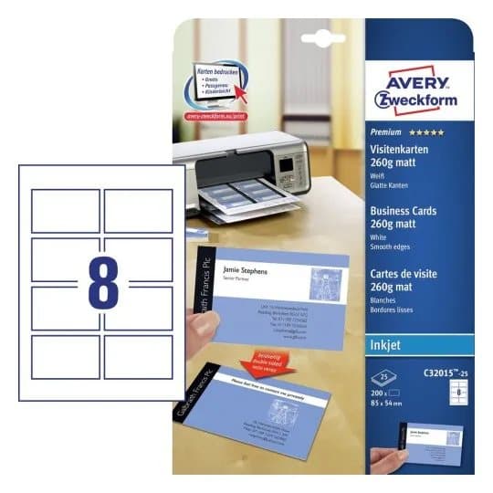 Visitkort Avery Quick&Clean™ C32015-25 til inkjetprinter 85x54 mm hvid 260g - (8 stk. x 25 ark)