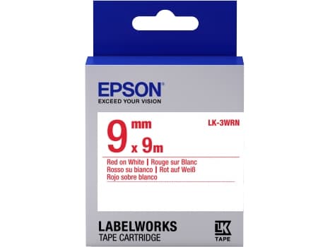 Epson LabelWorks LK-3WRN - Rött på vitt - Rulle (0,9 cm x 9 m) 1 kassett(er) etiketttejp - för LabelWorks LW-1000, 300, 400, 600, 700, 900, K400, Z50