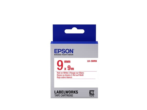 Epson LabelWorks LK-3WRN - Rött på vitt - Rulle (0,9 cm x 9 m) 1 kassett(er) etiketttejp - för LabelWorks LW-1000, 300, 400, 600, 700, 900, K400, Z50