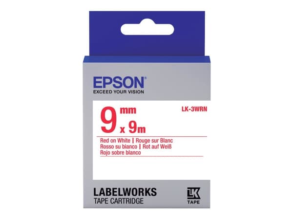 Epson LabelWorks LK-3WRN - Rött på vitt - Rulle (0,9 cm x 9 m) 1 kassett(er) etiketttejp - för LabelWorks LW-1000, 300, 400, 600, 700, 900, K400, Z50