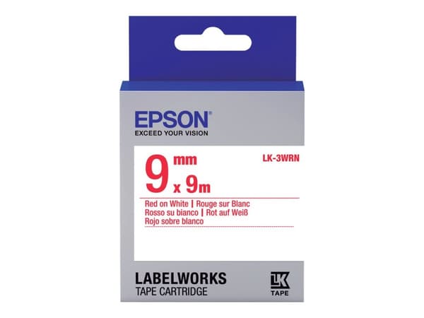 Epson LabelWorks LK-3WRN - Rött på vitt - Rulle (0,9 cm x 9 m) 1 kassett(er) etiketttejp - för LabelWorks LW-1000, 300, 400, 600, 700, 900, K400, Z50