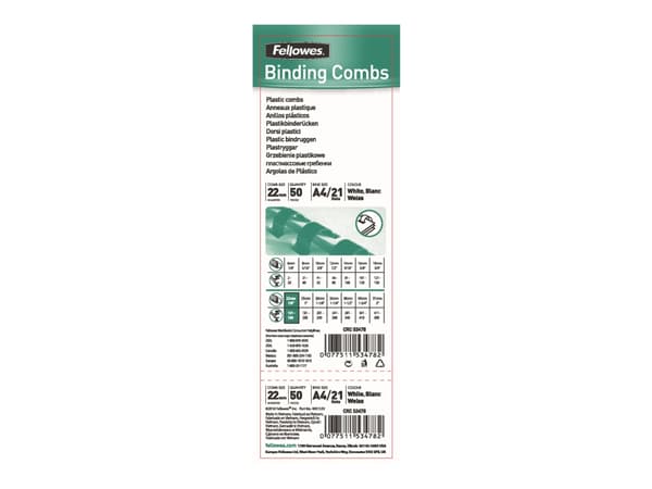 Fellowes - 22 mm - 30 cm - A4 (210 x 297 mm) - 180 ark - hvit - 50 stk plastbindekam - for Fellowes Galaxy 500, Orion 500, Pulsar+ 300, Quasar+ 500,