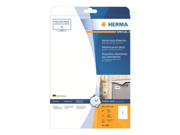 HERMA 4866, Valkoinen, Itse kiinnittyvä tulostintarra, A4, Mustesuihku, Kiinteä, Matta