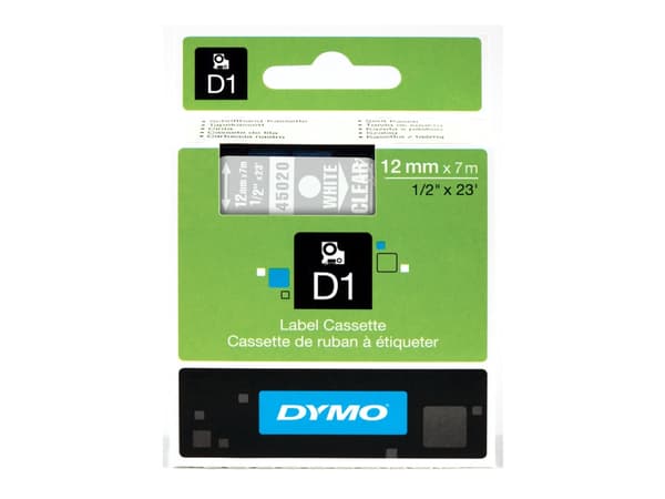 DYMO D1 - vakiopolyesteritarrat - Valkoinen läpinäkyvällä -12mm x 7m, Valkoinen läpinäkyvällä, Polyesteri, Belgia, -18 - 90 °C, DYMO, LabelManager, L