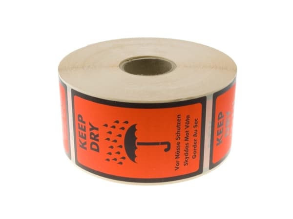 Etiketter med text: Keep Dry150x75x150mm 1,385kg (1st)