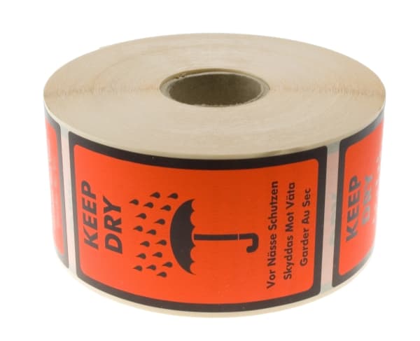 Etiketter med text: Keep Dry150x75x150mm 1,385kg (1st)