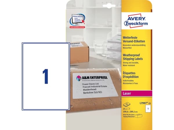 Avery Zweckform L7997 - Permanet adhesiv - hvit - 199.6 x 289.1 mm 25 etikett(er) (25 ark x 1) forsendelsesetiketter
