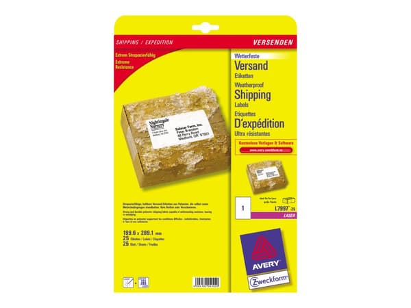 Avery Zweckform L7997 - Permanet adhesiv - hvit - 199.6 x 289.1 mm 25 etikett(er) (25 ark x 1) forsendelsesetiketter
