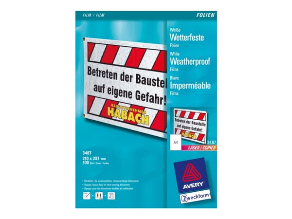 Avery Zweckform 3487 - 130 mikrometer - vit - A4 (210 x 297 mm) 100 ark film