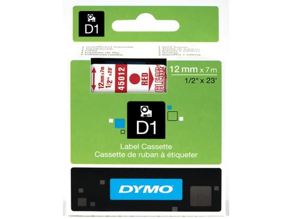 DYMO D1 - Selv-adhesiv - rødt på transparent - Rull (1,2 cm x 7 m) 1 kassett(er) merketape - for LabelMANAGER 160, 210D, 210D Kit, 210D Kit Case, 280