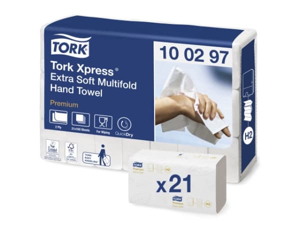 Håndklædeark Tork H2 Xpress® Premium Extra Soft Multifold hvid - (21 pakker x 100 stk.)