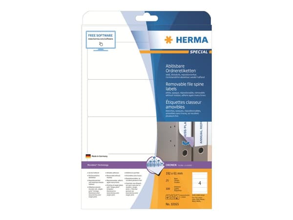 HERMA Special - Papir - matt - fjernbart selv-adhesiv - hvit - 192 x 61 mm 100 etikett(er) (25 ark x 4) opake arkivmappeetiketter