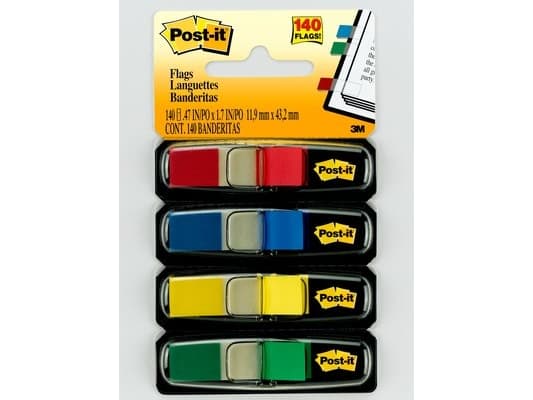 Post-It flaggor, primära färger, 1/2 tum bredd, 35 per dispenser, 4 dispenser/pack, blå, grön, röd, gul, 35 röd, 35 blå, 35 gul, 35 grön, 12 mm, 12,7