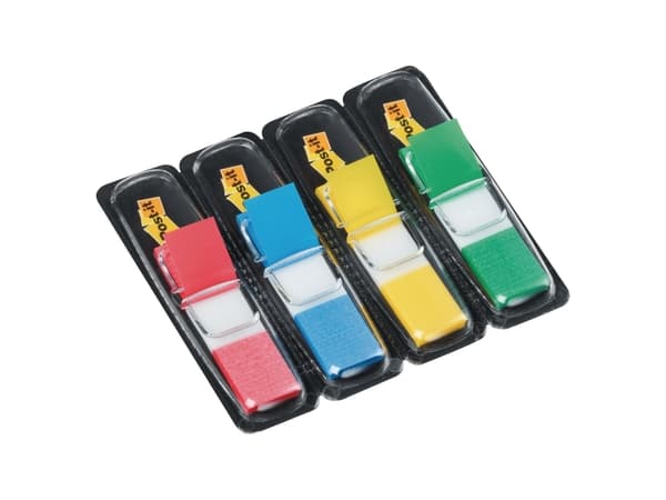 Post-It flaggor, primära färger, 1/2 tum bredd, 35 per dispenser, 4 dispenser/pack, blå, grön, röd, gul, 35 röd, 35 blå, 35 gul, 35 grön, 12 mm, 12,7