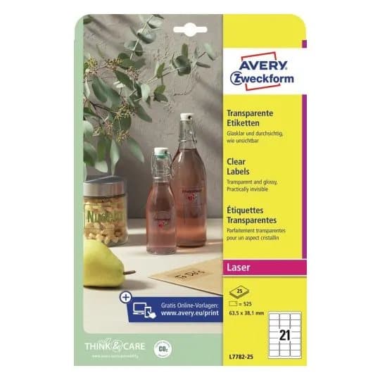 Laseretiket Avery L7782-25 Crystal Clear 63,5x38,1mm 21/ark 25ark/pak - (525 stk.)