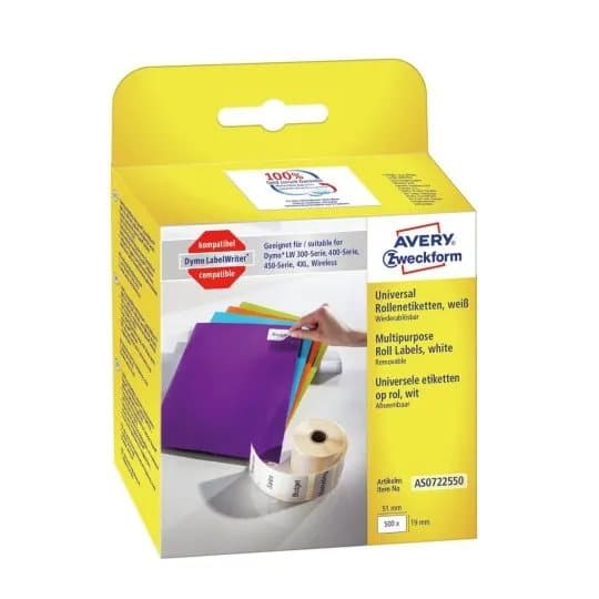 Universaletikett Avery avtagbar 19x51 mm vit (rulle med 500 st.)