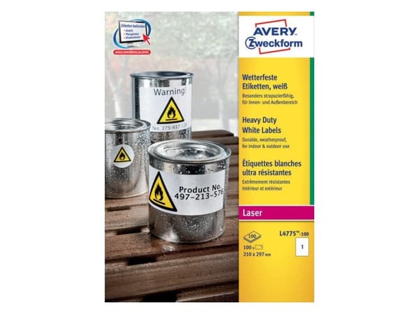 Avery Durable Heavy Duty L4775 - Polyester - permanet adhesiv - hvit - A4 (210 x 297 mm) 100 etikett(er) (100 ark x 1) merkelapper