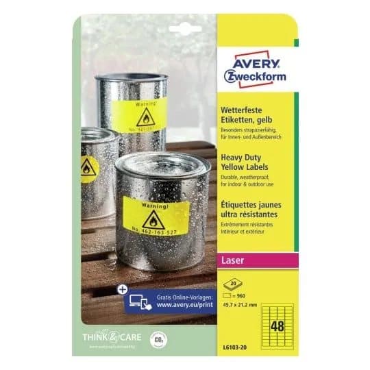 Avery Zweckform L6103 - Polyester - permanent klebemiddel - gul - 45,7 x 21,2 mm 960 etikett(r) (20 ark x 48) etiketter