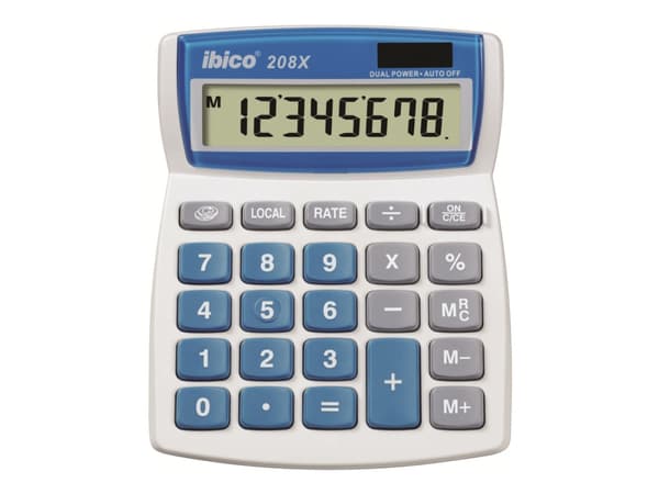 Rexel Ibico 208X - Skrivebordskalkulator - 8 sifre - solpanel, batteri - hvit, blå