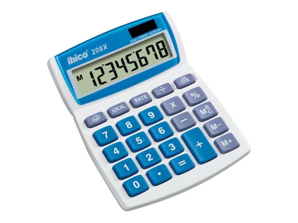 Rexel Ibico 208X - Skrivebordskalkulator - 8 sifre - solpanel, batteri - hvit, blå