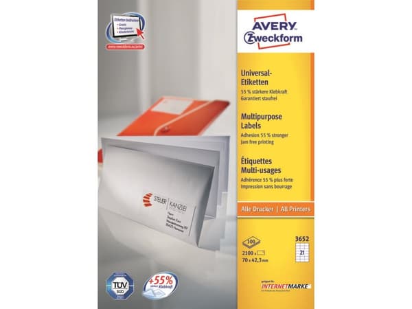 Avery 3652Z, Valkoinen, Suorakulmio, 70 x 42,3, 2100 kpl, 100 arkkia